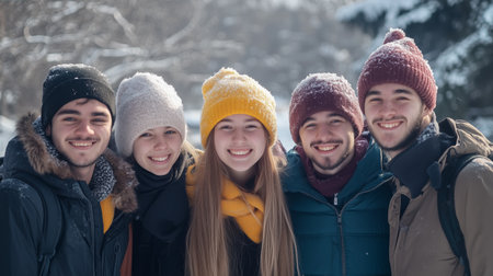 Group of five friends smiling in a snowy park during winter, wearing colorful hats and enjoying their time togetherの素材
