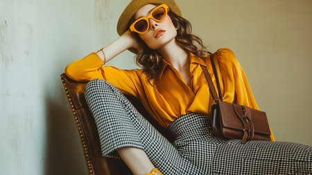 A stylish woman poses confidently in a yellow blouse and patterned pants against a neutral wall backdrop in a fashion-forward settingの素材
