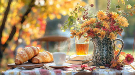 A cozy autumn breakfast table adorned with pastries and a floral arrangement in a garden setting during golden hourの素材