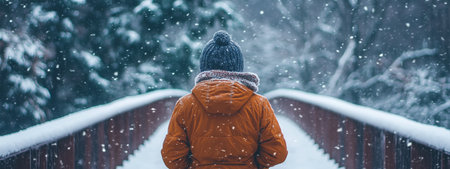 A person enjoying a snowy day while walking on a bridge surrounded by trees in a winter landscapeの素材