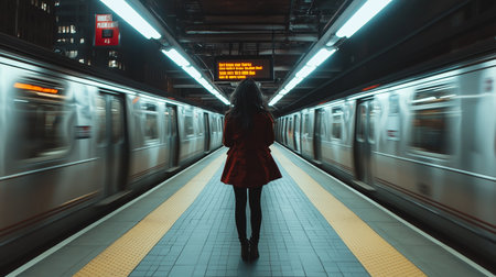 A lone figure waits at a dimly lit subway station while trains pass by during the evening rush hour in an urban settingの素材