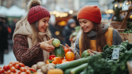 Two young women enjoying a winter market while selecting fresh vegetables and fruits in a festive atmosphere filled with lightsの素材