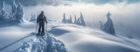 Hiker trekking through a snowy landscape with frost-covered trees under a bright sky in a remote mountain area during winterの素材