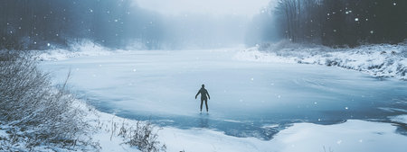 A solitary figure ice skating on a frozen river surrounded by snow-covered trees during a gentle snowfall in winterの素材