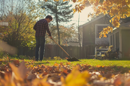 Man raking autumn leaves in a serene backyard during golden hour in late fallの素材
