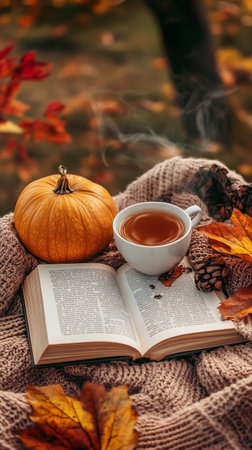 Cozy autumn setting with a warm cup of tea, an open book, and a pumpkin surrounded by colorful fallen leaves and pine conesの素材