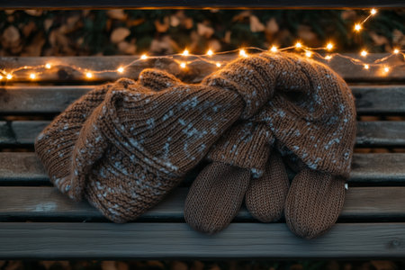 Cozy knitted scarf and mittens draped over a wooden bench adorned with warm fairy lights in an autumn setting at twilightの素材