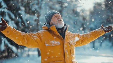 Elderly man enjoying snowfall in winter park while wearing a vibrant orange jacket and smiling joyfully amid falling snowflakesの素材