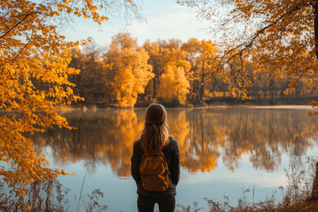 A young woman admiring the autumn landscape by a tranquil lake surrounded by vibrant yellow trees in the early evening lightの素材