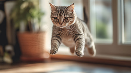 A playful cat leaps gracefully through the air in a sunny living room near a window during afternoon lightの素材