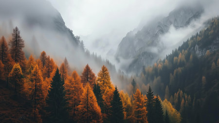 Autumn mist envelops vibrant orange and green trees in a mountain valley during a tranquil morningの素材