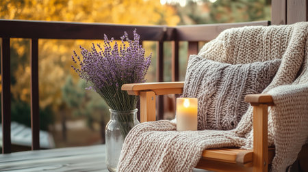 A cozy wooden chair adorned with a knitted blanket and lavender, set on a sunlit balcony during autumn eveningsの素材