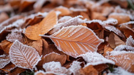 Frosted autumn leaves blanket the ground in a tranquil landscape during a chilly morning in early winterの素材
