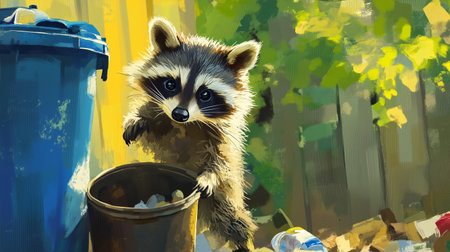 Curious raccoon exploring a trash can in a backyard during a sunny afternoonの素材