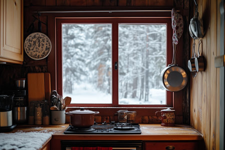 Cozy kitchen with rustic decor overlooking a snowy forest landscape during winterの素材