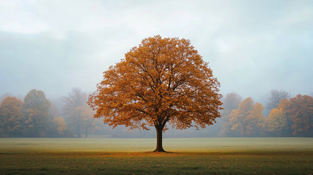 A solitary tree stands in a serene landscape with autumn leaves under a cloudy sky during early morning lightの素材