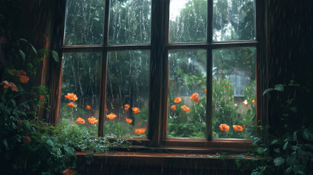 Rainy day view from a window showcasing blooming orange flowers and vibrant green plants outside during a tranquil afternoonの素材