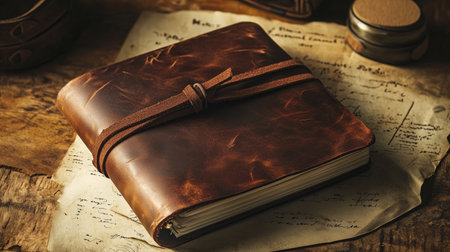 A vintage leather journal resting on aged parchment with handwritten notes in a dimly lit settingの素材