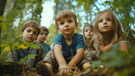 Children exploring a forest, sitting on the ground and observing their surroundings on a sunny dayの素材