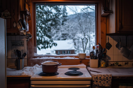 Cozy kitchen scene with steaming pot and snowy landscape outside during winter eveningの素材