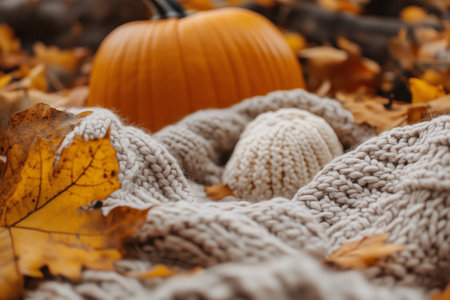 Cozy autumn setting with a pumpkin nestled in warm knit texture among fallen leaves in a peaceful outdoor settingの素材