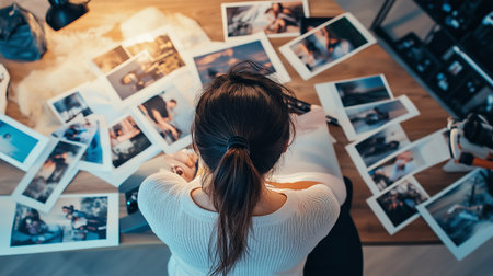 A woman reviews printed photographs on a wooden table in a cozy indoor space during the late afternoonの素材