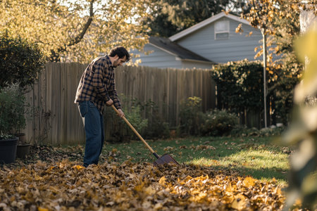 A man rakes fallen leaves in a suburban backyard during autumn, surrounded by trees and a cozy house in the backgroundの素材