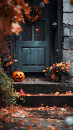 A cozy autumn porch with a carved pumpkin, vibrant flowers, and fallen leaves on a chilly October dayの素材