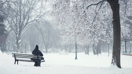A solitary figure sits on a bench in a snow-covered park during a gentle winter snowfallの素材