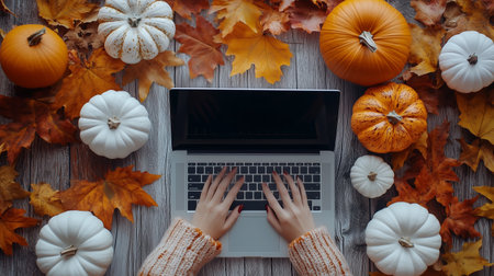 Autumn workspace with laptop surrounded by colorful leaves and decorative pumpkins during the cozy fall seasonの素材