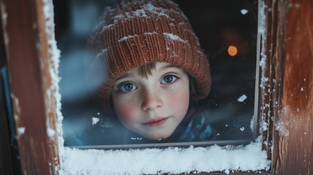 A young child gazes through a snowy window wearing a knitted hat during winter in a cozy cabin settingの素材