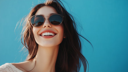 A joyful woman smiling brightly against a vibrant blue background on a sunny day, showcasing her stylish sunglasses and carefree spiritの素材