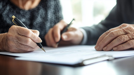 Elderly couple signing important documents at a table in a cozy, well-lit room during the morning hoursの素材
