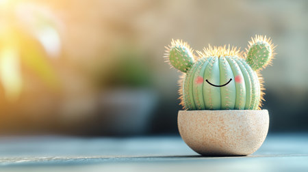 A cute cactus with a smiling face sitting in a small pot on a wooden table in a softly lit indoor space during the afternoonの素材