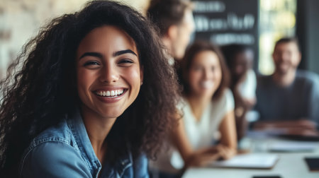 A smiling woman engages with friends at a casual gathering in a bright modern cafÃ© during the afternoonの素材