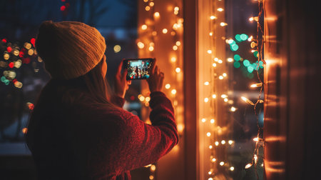 A person captures a festive moment while surrounded by twinkling holiday lights during an evening in winterの素材