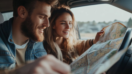 A cheerful couple exploring a map inside their car on a sunny day while planning their adventure on a road tripの素材