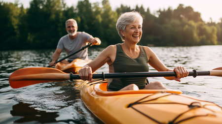 Couple enjoying a peaceful kayaking experience on a serene lake during a sunny afternoonの素材