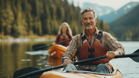Enjoying a peaceful afternoon kayaking on a serene lake surrounded by mountains in late summer with friendsの素材
