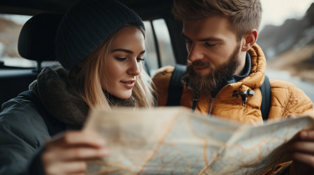 Young couple exploring scenic destination while examining a map inside a car during an adventure on a cool dayの素材