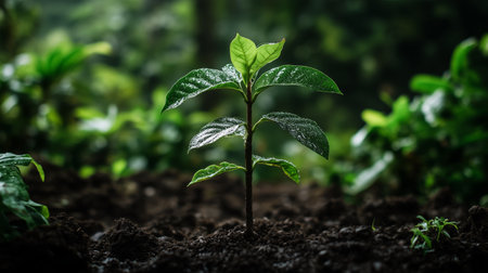 A young green seedling emerges from rich soil in a lush forest during the early morning light, symbolizing new growth and vitalityの素材