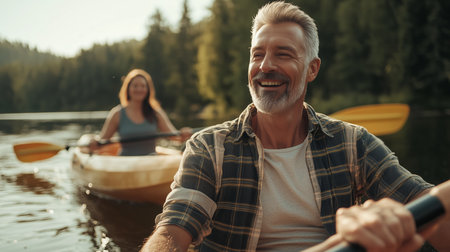 Joyful couple enjoying a relaxing kayak journey on a tranquil lake surrounded by tall trees during a sunny dayの素材