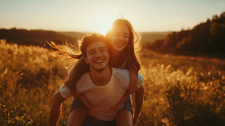 Joyful young couple enjoying a piggyback ride in a sunlit field during golden hour in the countrysideの素材