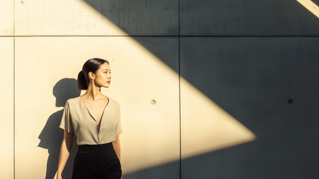 A woman stands gracefully against a textured wall illuminated by angled sunlight in a modern urban setting during the afternoonの素材