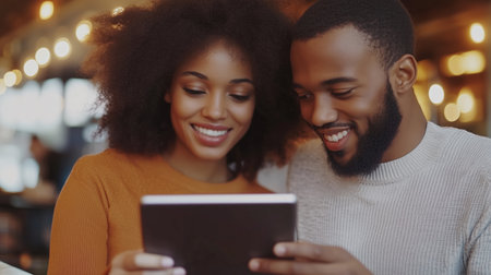 Couple enjoying quality time together while using a tablet at a cozy cafÃ© during the afternoonの素材