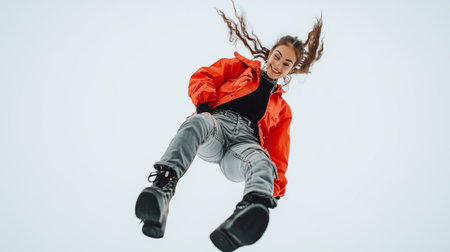 Young woman in bright orange jacket jumping with enthusiasm during winter in a snowy outdoor settingの素材