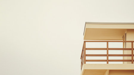 A minimalist wooden balcony overlooking a calm ocean at sunset in a tranquil coastal locationの素材