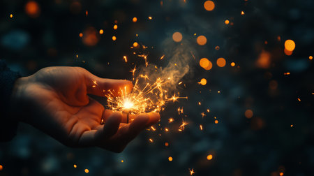 A hand holds sparkling embers, creating a mesmerizing glow against a dark background during twilightの素材