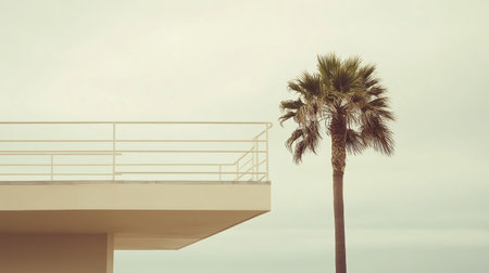 A modern balcony overlooking a serene beach landscape with a palm tree swaying gently in the breeze under a cloudy skyの素材