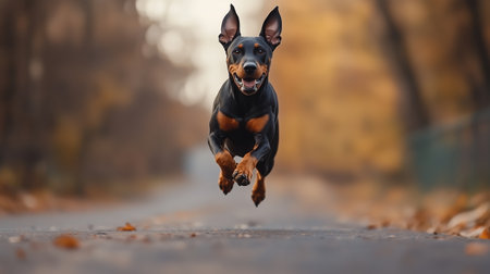 A joyful dog leaps through a forest trail surrounded by autumn leaves on a sunny afternoonの素材